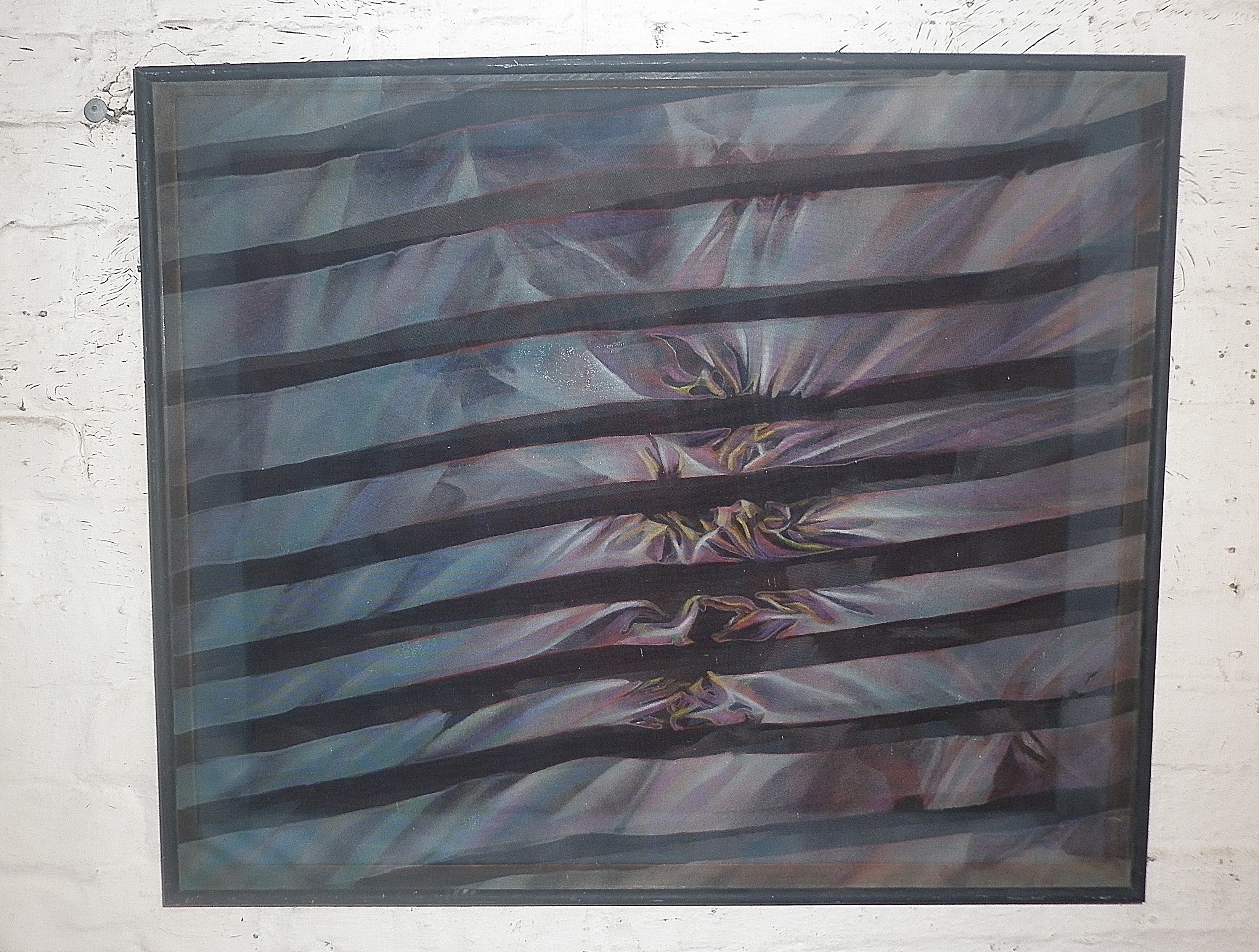 Contemporary abstract art work by Vicki Cox titled "Stripes in Space" multimedia with painted net