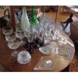 Assorted drinking glasses, inc. champagne flutes etc.