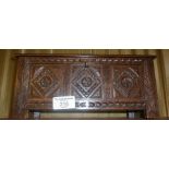 Early 20th c. miniature carved oak three-panel coffer, 10" long x 5" high