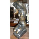 Large and heavy bronzed figural kneeling nude sculpture, approx. 50cm high