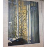 Oil on canvas of an interior scene with plant and window frame, 27" x 19", signed