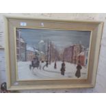 Oil on board after Utrillo of a French street scene in winter