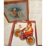 Vintage tinplate toy Gyro-Cycle and boy rider, by Triang-Cord. Patent 479430, in original box. Toy