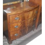 Georgian flame mahogany bow-fronted chest of three drawers on bracket feet, 35" wide x 33" high x