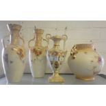 Pair of Doulton blush ivory vases, Crown Devon similar vase and another. Together with a light oak