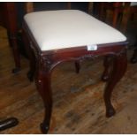 Mahogany upholstered stool on carved cabriole legs