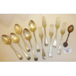 Old English pattern silver cutlery - five dessert forks and five dessert spoons, hallmarked for