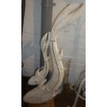 Tall painted metal sculpture of two fishes on wood plinth, 42" high