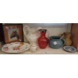 Cranberry glass jug, Poole Pottery mustard pot and other china and pottery