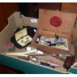 Irish bog oak grape shears, pill boxes, sewing items, marrow spoon, stamps, velvet evening bag,