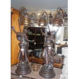 Pair of tall Art Nouveau style two branch figural spelter table lamps (damage to one shade), 30"