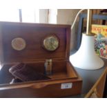 A travelling wooden cigar humidor with cigar case and cutter and a Danish style vintage glass