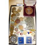 Old coins, badges, earrings, medallions including Civil Service Motoring Ass. award