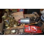 Assorted metalware etc., inc. tin plate car, Victorian equestrian tool kit, scales and other items