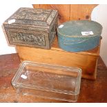 A Shaker painted birch 'nice' box and a carved Chinese box, together with a vintage glass Electrolux