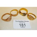 Four 9ct gold signet type rings, inc. a Mizpah and one formed as a belt, approx. total weight 17g.