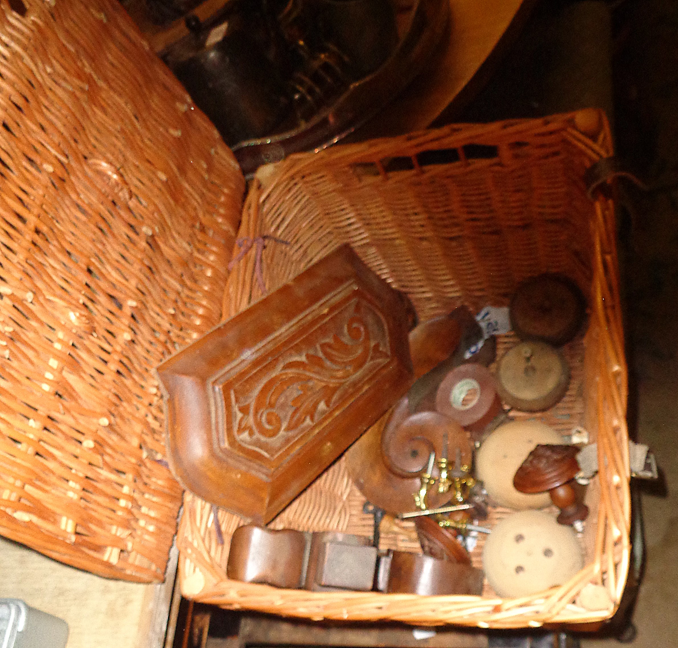 Wicker cat basket and contents and an ebonised Victorian piano stool