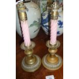 Unusual pair of Victorian brass and porcelain oil lamps in the form of candlesticks with candles