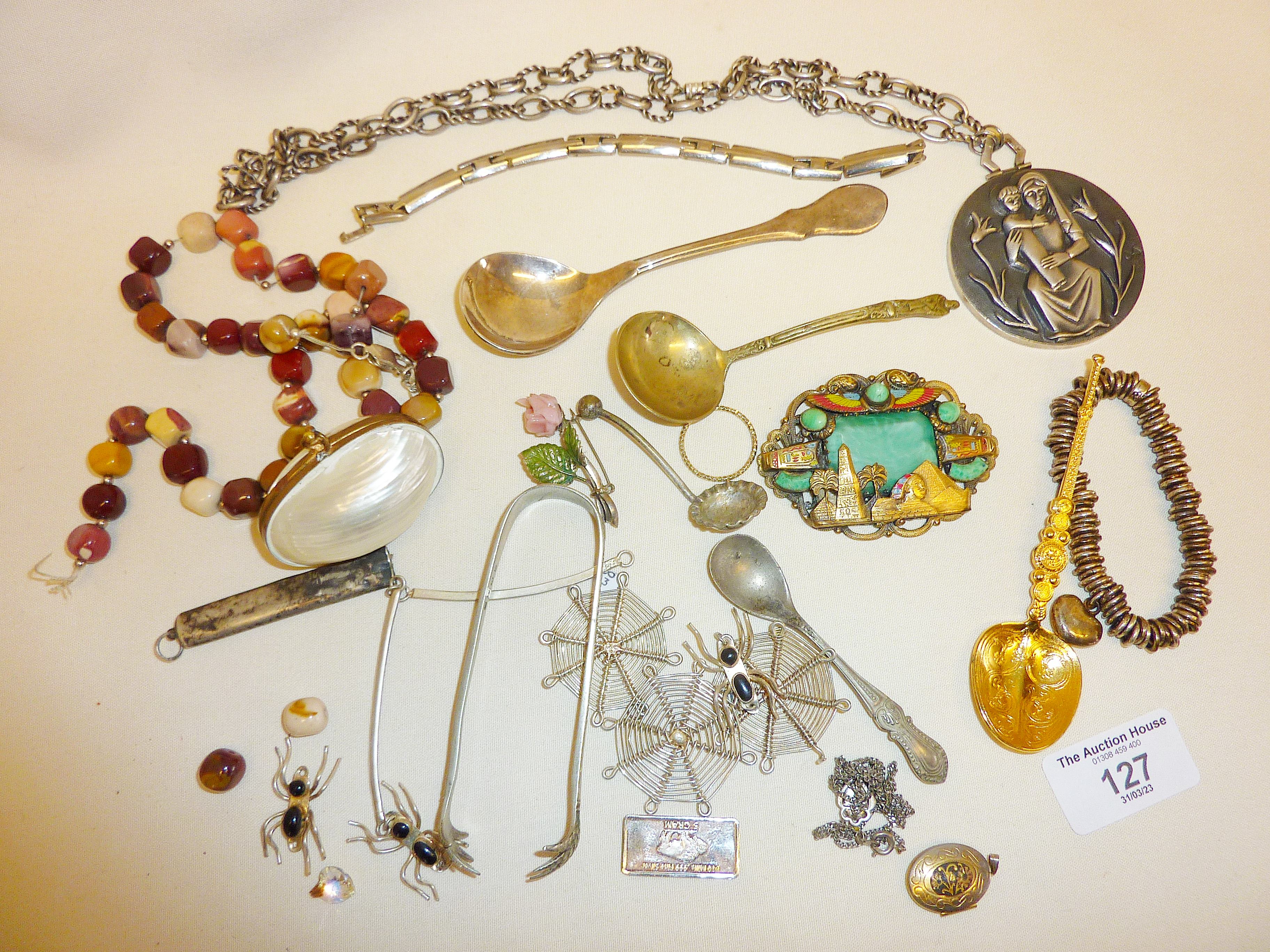 Vintage costume jewellery and spoons, inc. a 1920s Neiger Bros.? Egyptian Revival brooch, and a