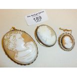 Three vintage shell cameo brooches, largest approx. 6cm high