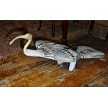 Egyptian carved stone and brass Ibis figure with hieroglyphics decoration, 22" long