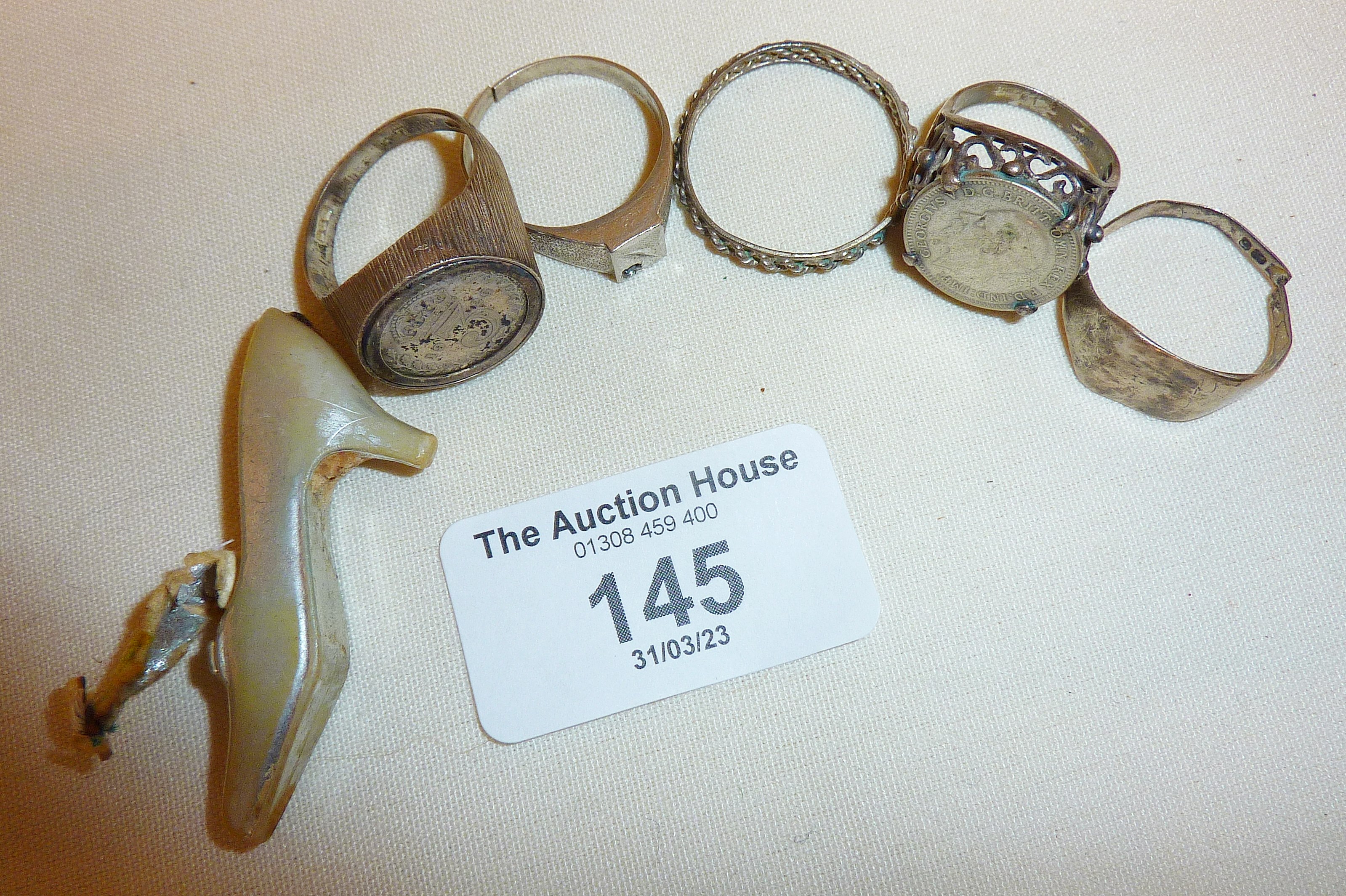 Vintage silver signet rings set with old coins, and other rings