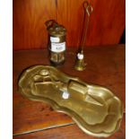 Brass miniature souvenir miner's lamp, candle snuffers and tray