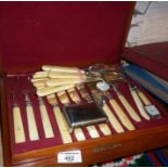 Cased set of fisheater cutlery, Timex watch heads, etc.