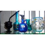 Five various coloured glass vases and jugs, inc. Iranian blue glass and Art Deco floral enamelled