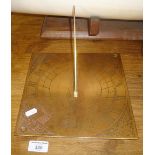 Victorian brass sundial, 9.5" square inscribed with initials and Chaucer's words "Joy of this life