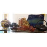 Assorted Chinese items, inc. soapstone carving, copper teapot, hardwood stands, Cloisonné vase and