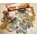 Vintage costume jewellery, also including an antique yellow metal bar brooch (rubbed marks), and a