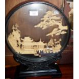 Fine Japanese early 20th c. carved cork diorama in lacquered circular case with carved stand