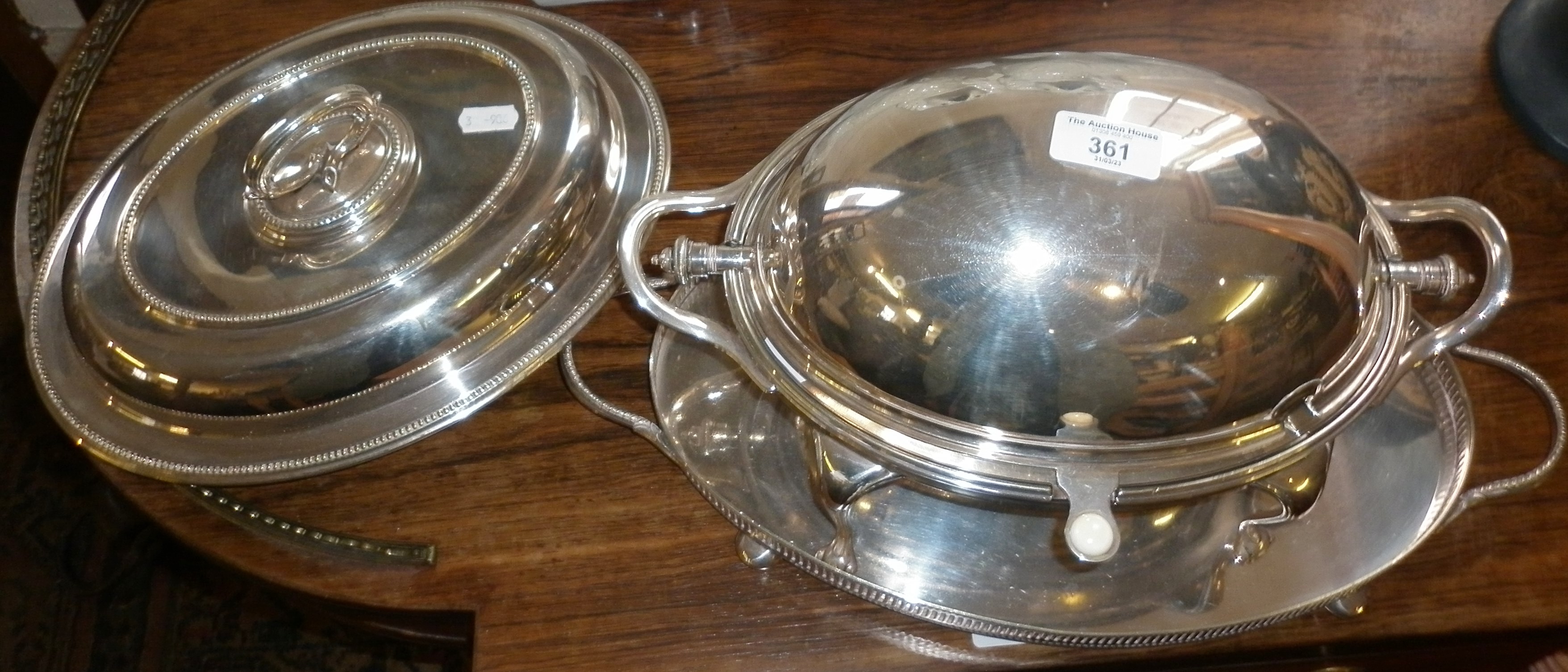 Victorian silver plated revolving breakfast dish, an entree dish and an oval galleried tray