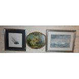 Two marine watercolours and a colour print in oval gilt frame after Boucler
