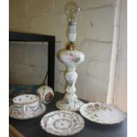 Copeland china tea cup and saucer, a Limoges tea plate and a china table lamp marked D & C France