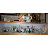 Three china figurines, inc. Wade "Jeanette", a quantity of drinking glasses and a green eye glass,