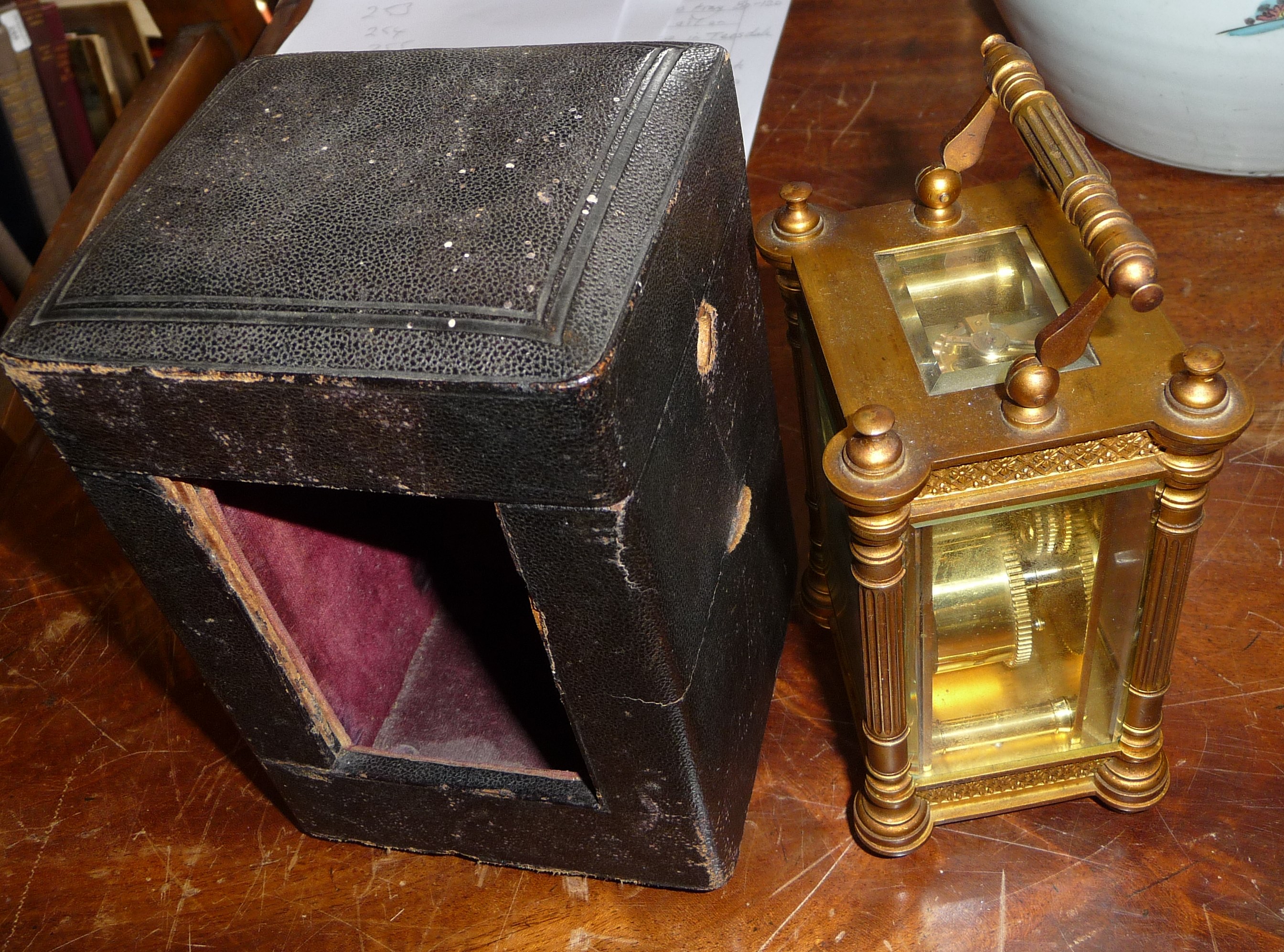 19th c. gilt brass carriage clock having four column body (crack to glass) with leather case and - Image 2 of 2