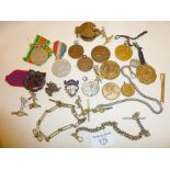 Military badges and medal, sports medals, Albert fob watch chains, etc.