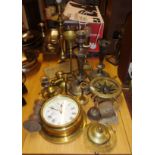 Quartz brass ship's clock, brass table lamps, candlesticks and other brassware