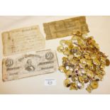 Old banknotes (2 with tape attached). Assorted old Staybrite and other military buttons, etc.