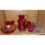 Cranberry glass jugs, bowl, salts and two carnival glass bowls, etc.