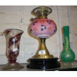 Victorian oil lamp with decorated pink glass reservoir, Bohemian glass vase and an overlay glass