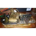 Pair of Chinese brass bookends, two pairs or iron brackets and four various trays etc., inc.
