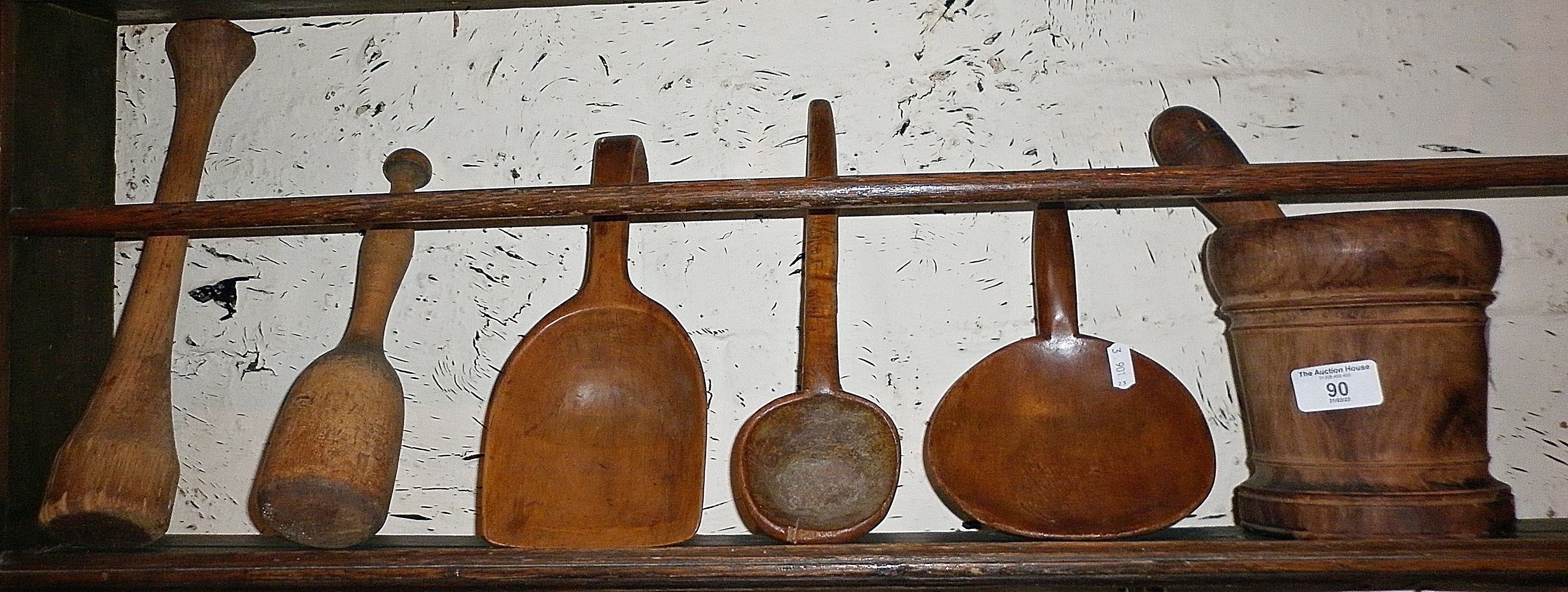 19th c. French Canadian folk art burr ash pestle and mortar, three various carved wooden spoons