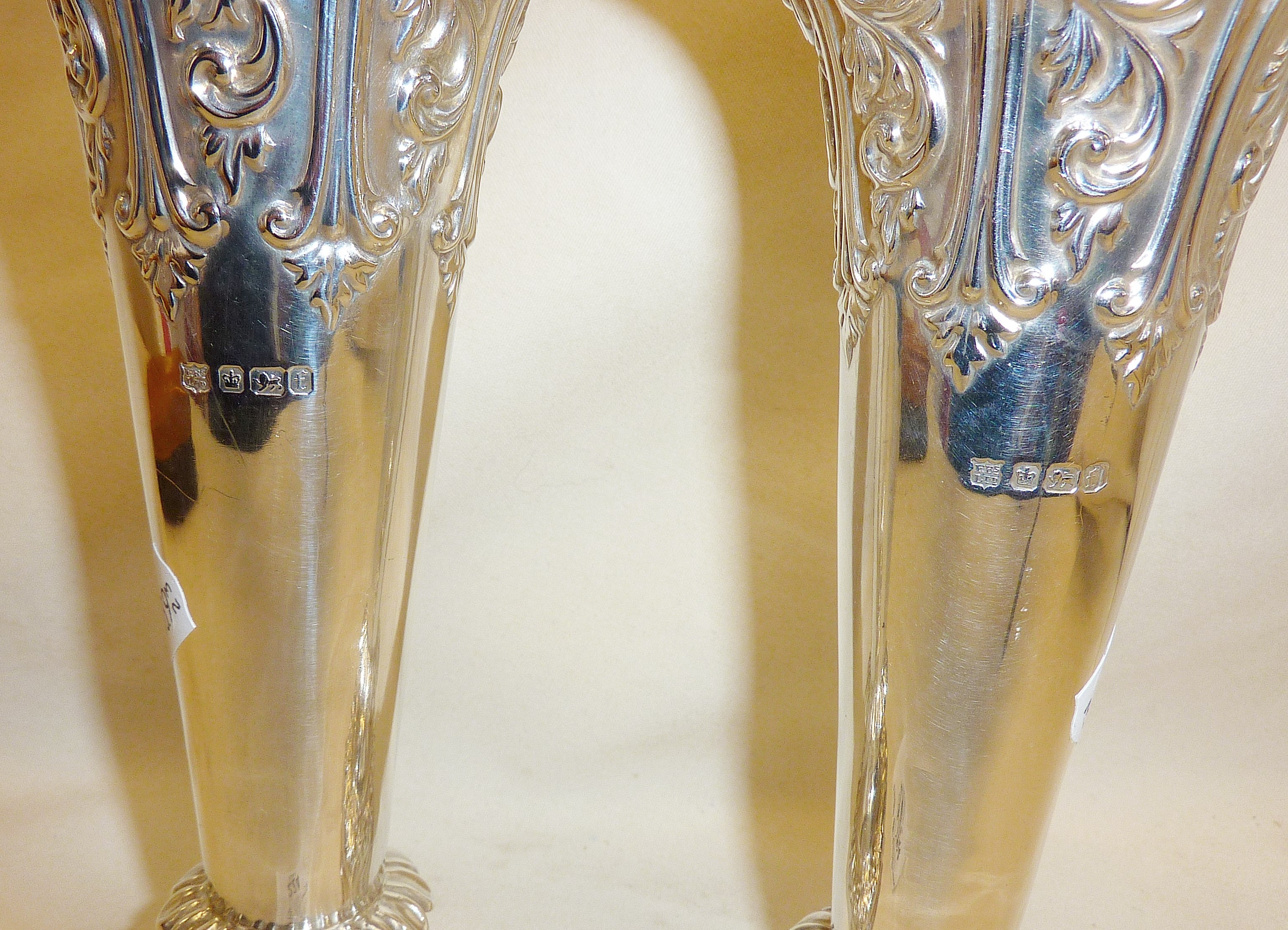 Pair of silver trumpet vases with repoussé decoration. Hallmarked for Sheffield 1898. Approx. height - Image 2 of 2