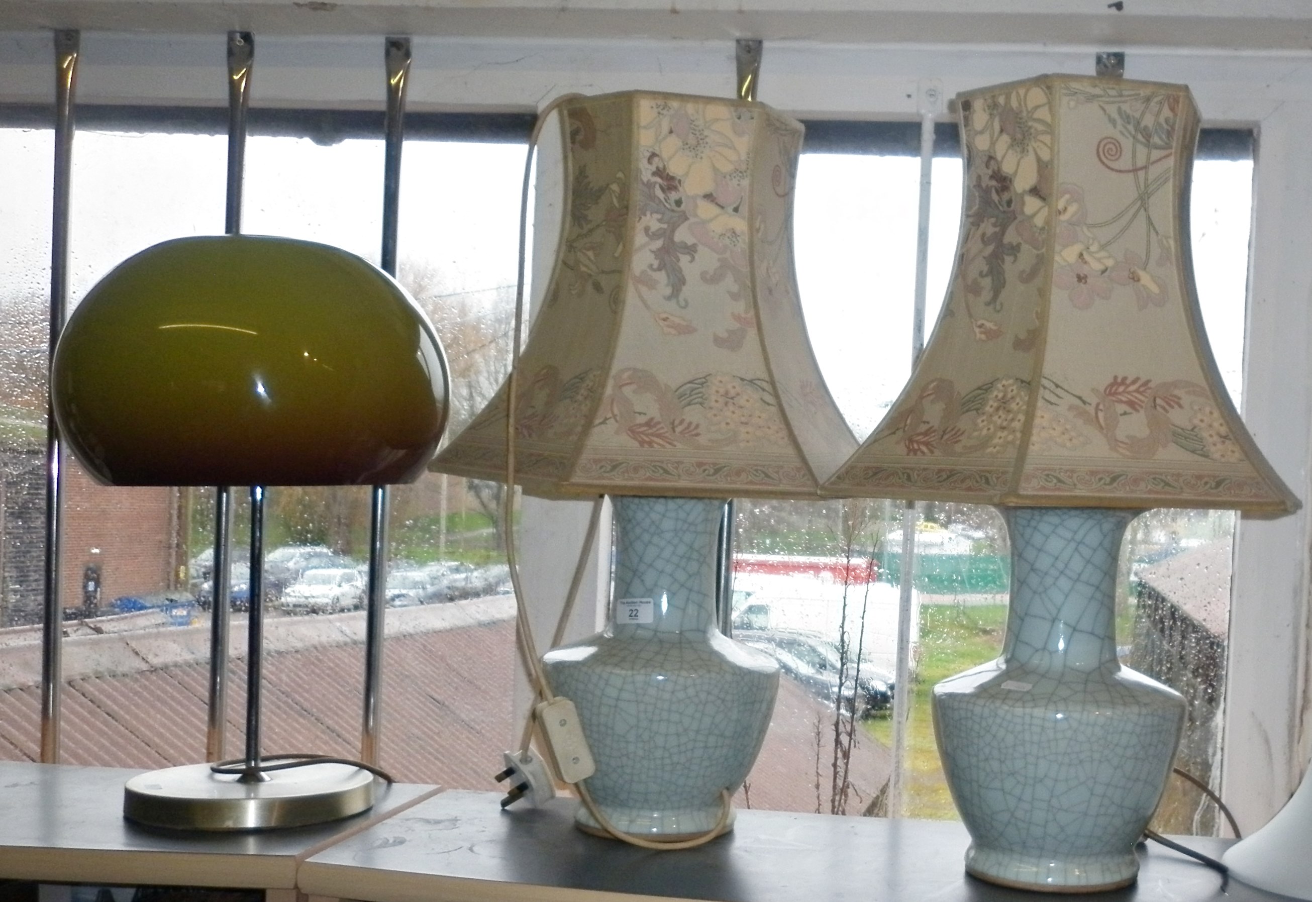 Pair of Chinese crackle glazed table lamps with shades and a 1970's chrome and plastic table lamp