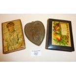 Shakespeare Birthday Book, Mauchline Ware photo album, and a saucy heart shaped brass ashtray