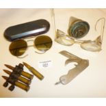 Military items marked with crow's foot, glasses in case, pocket or pen knife (RBS 1954), WW2 bullets