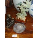 Chinese agate carving, similar dragon and bird figure and a Chinese bronze buddha